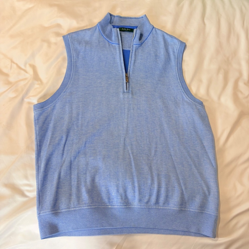 Bobby Jones Mens Blue Herringbone Pima Cotton Quarter Zip Sweater Vest XL